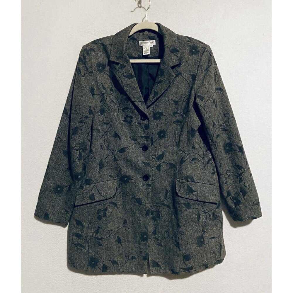 Coldwater Creek Blazer Womens 14 Black Floral Wool Blend Lined Longline Boho